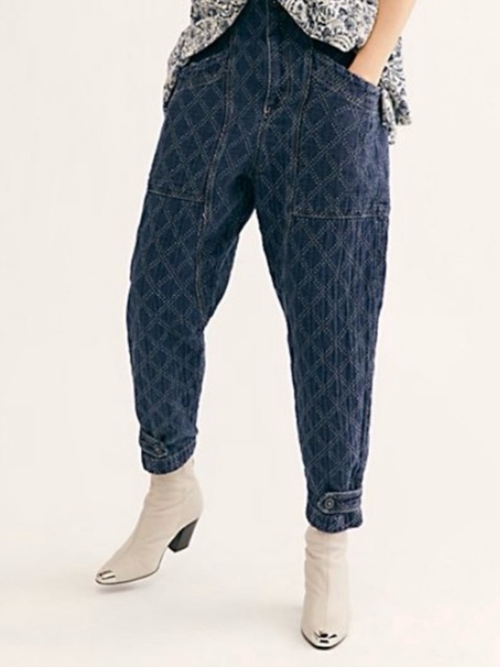 Free People We The Free Denim Quilted Diamond Print Utility Barrel Pants -Size S